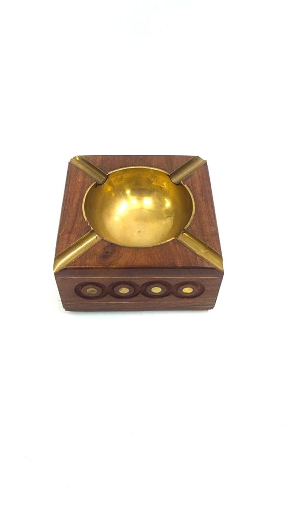 Ash Tray Brass & Wooden Combination Handcrafted Gifts Now At Tamrapatra