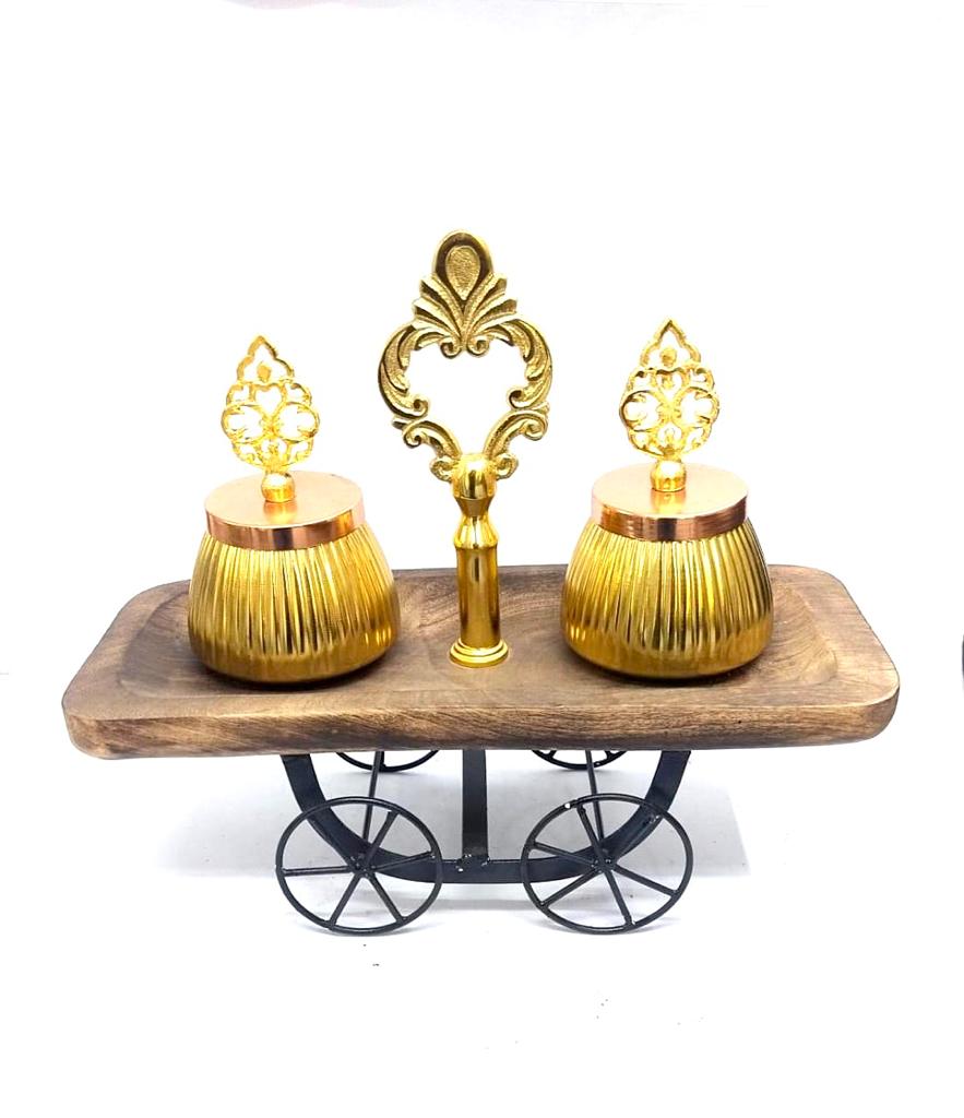 Wooden Cart With Two Jars Exciting Designs Platters Serving Dinning By Tamrapatra