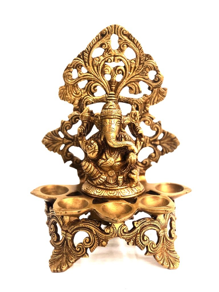 Divine Lord Ganesha Idol With 5 Diya's In Brass Best Quality From Tamrapatra