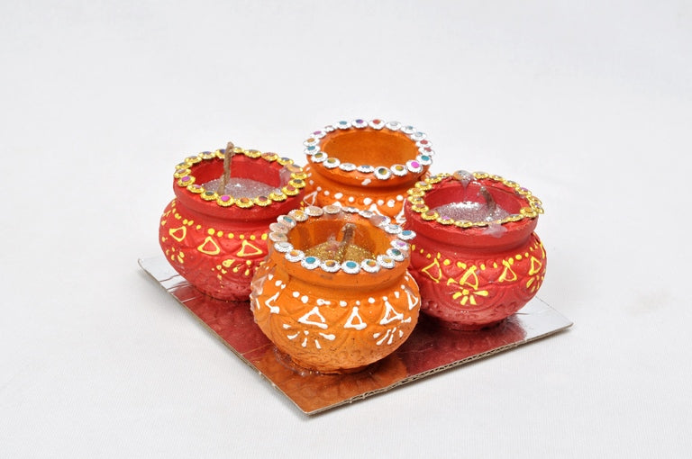 Matki Shaped Set Of 4 Diyas With Wax Filled Ready To Use Deepavali By Tamrapatra