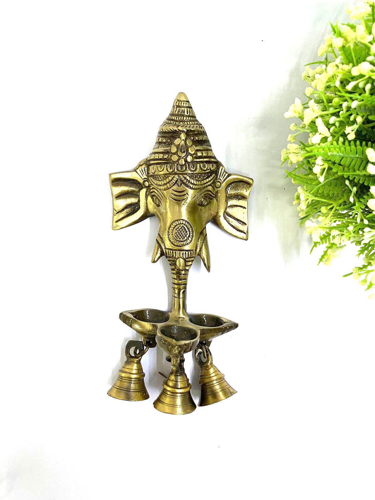 Ganesh Wall Décor With 3 Diya's & Bells Aesthetic Décor Exclusively At Tamrapatra - Tamrapatra