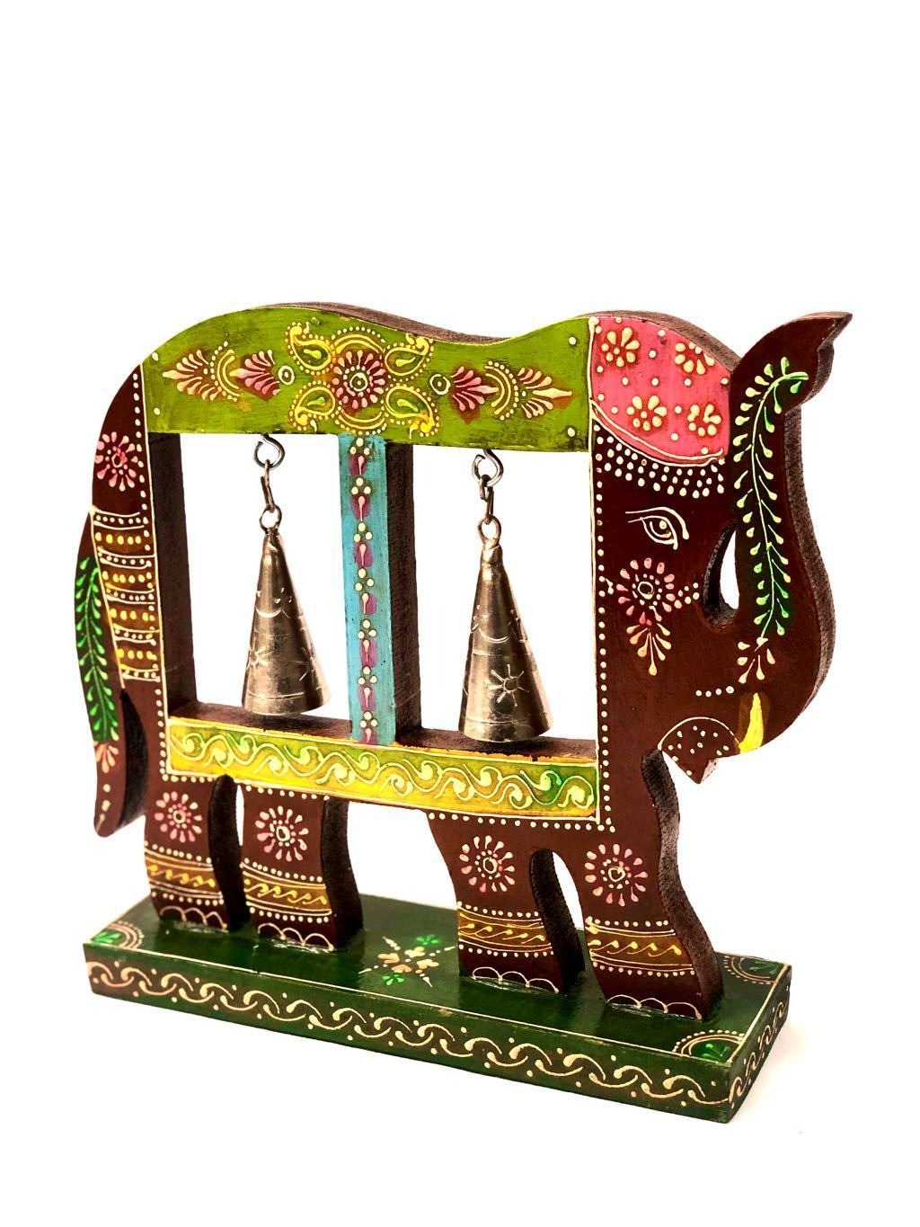 Metallic Two Bell Wooden Elephant On Stand Painted Colorful Tamrapatra - Tanariri Hastakala