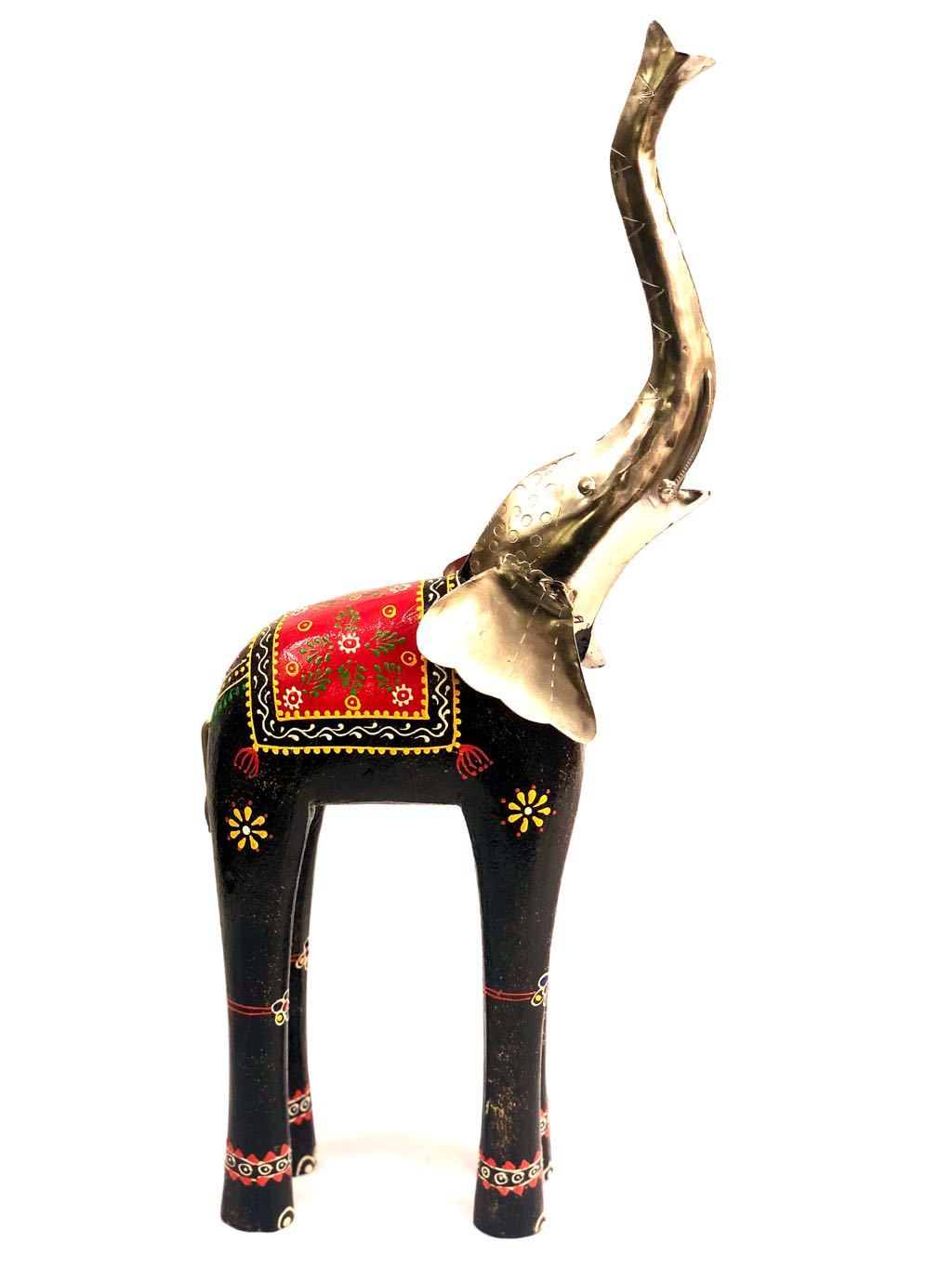 Long Standing Wooden Elephant With Metal Trunk Make In India Tamrapatra - Tanariri Hastakala