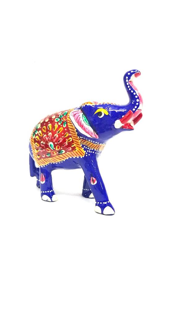 Up Trunk Elephant Metal Hand Painted Meena Style Cobalt Blue Indian Art Tamrapatra