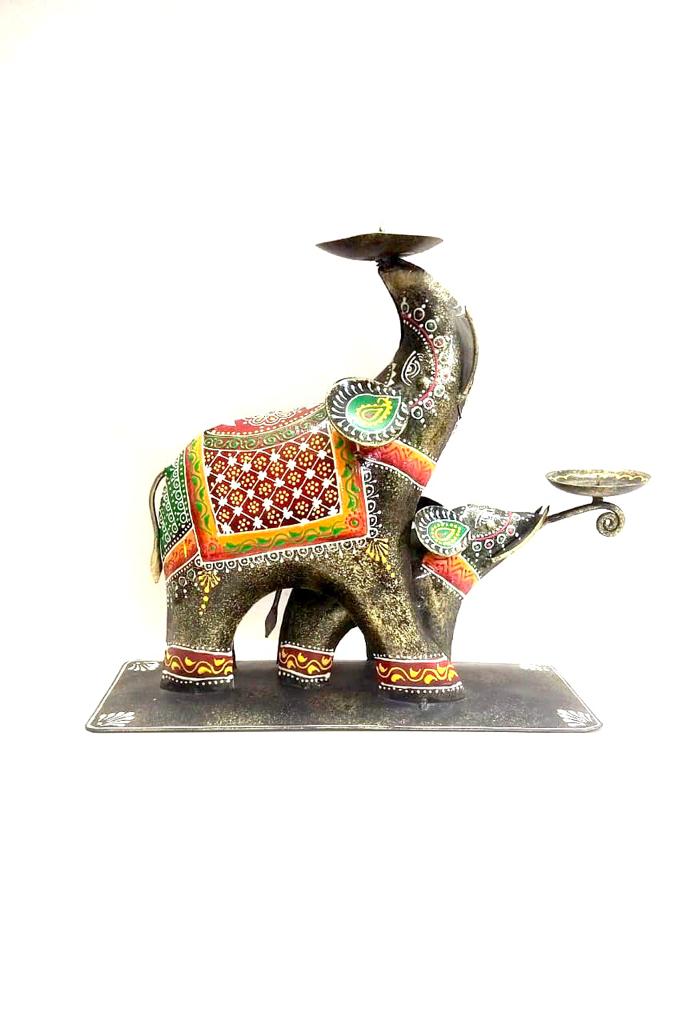 Elephant Candle Mother Child Unique Metal Art Tea Light Stand From Tamrapatra