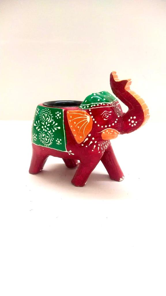 Elephant Tea Light Holder Hand Painted & Carved Wood Collection By Tamrapatra - Tamrapatra