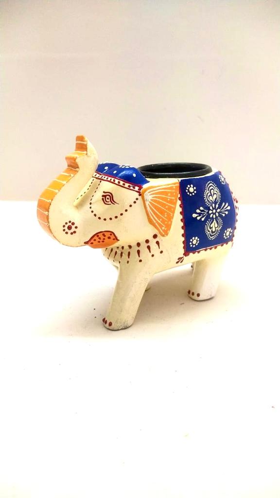 Elephant Tea Light Holder Hand Painted & Carved Wood Collection By Tamrapatra - Tamrapatra