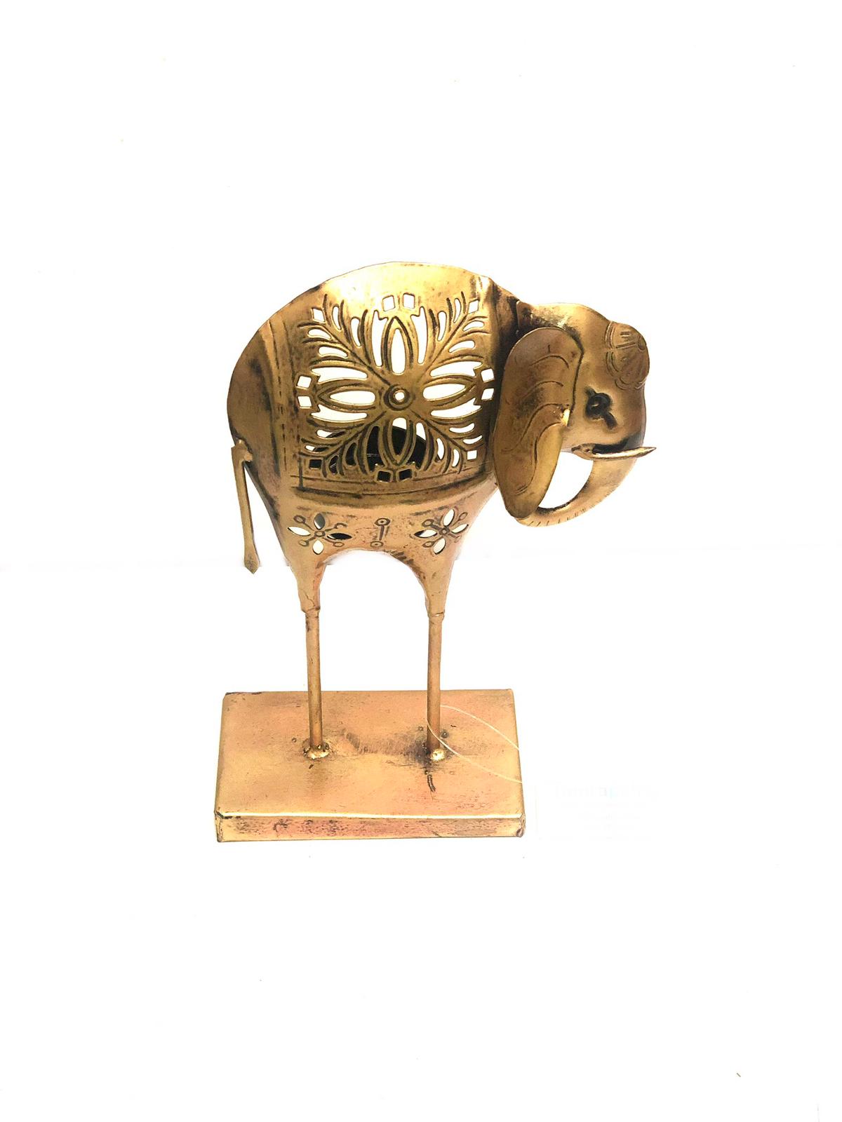 Standing Elephant Metal Art With Candle Holder Dazzling Artefacts Tamrapatra