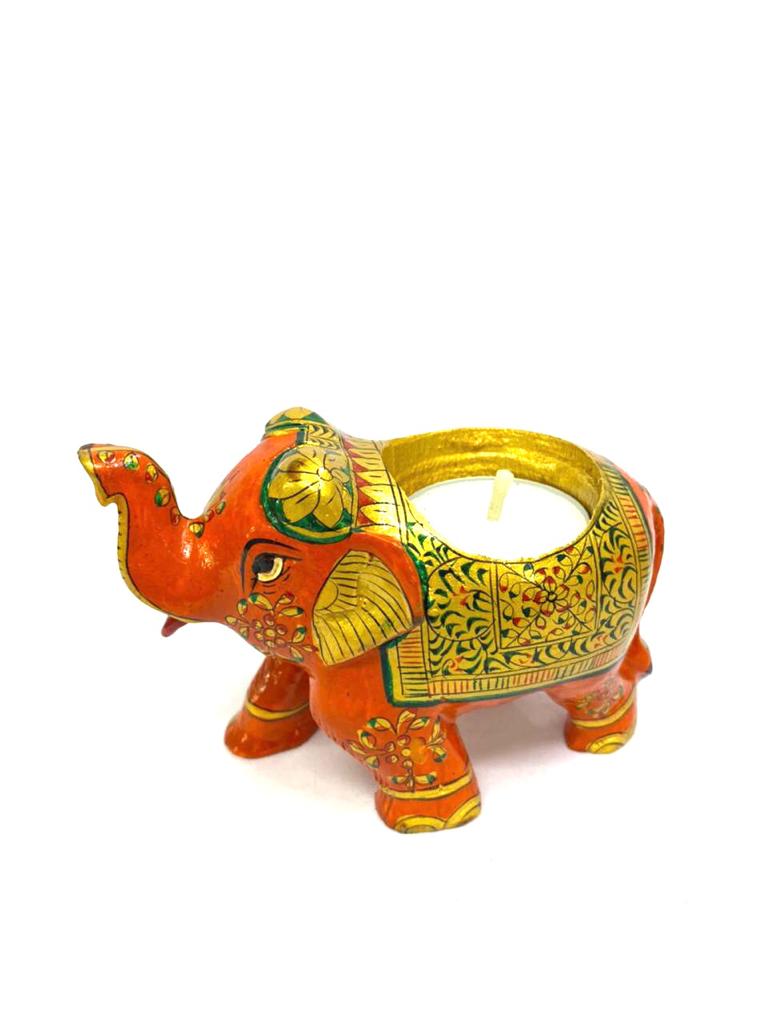 Candle Holder Orange Elephants Hand Painted Quirky Gifting's From Tamrapatra