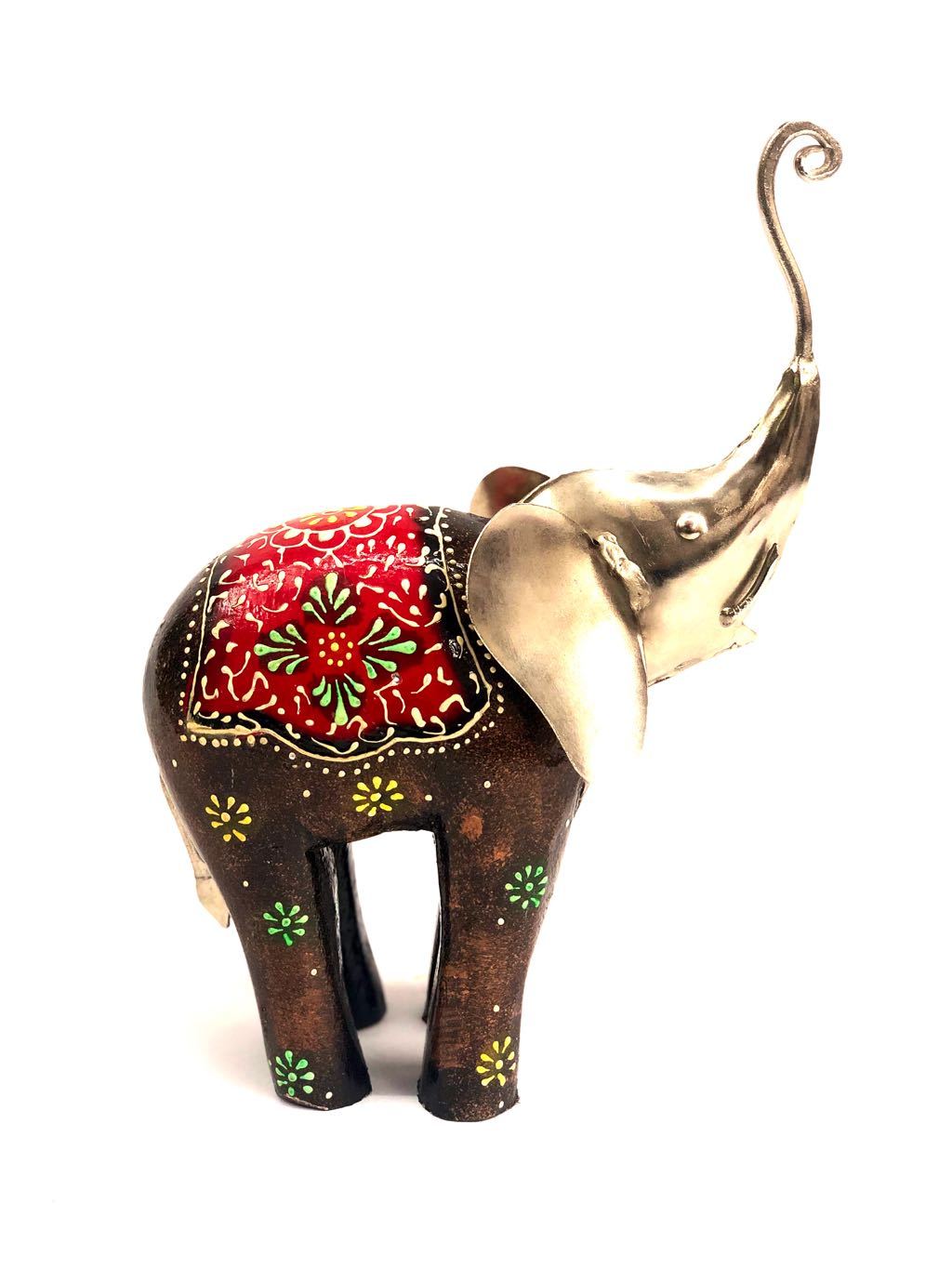 Mighty Elephant Wooden Color With Metal Trunk Up Showpiece Tamrapatra - Tanariri Hastakala