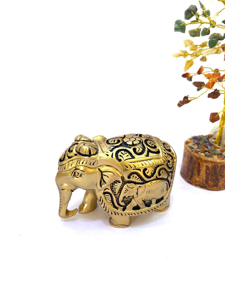 Elephant Wooden Polished Golden Shades Royal Animal Souvenir By Tamrapatra