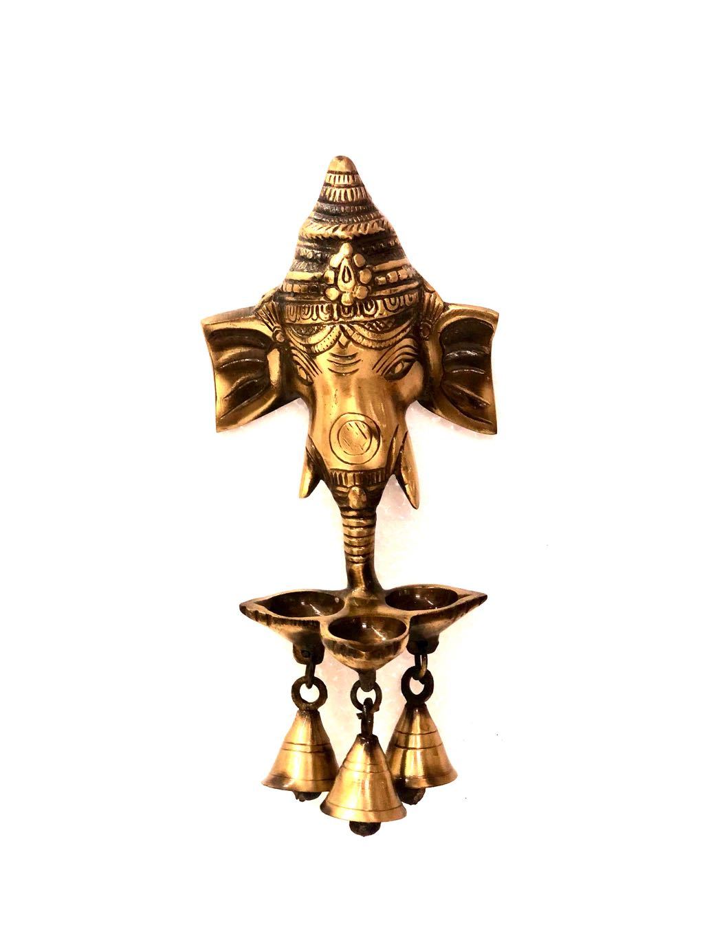 Ganesha Wall Decor With 3 Diyas & Bells Aesthetic Decor Tamrapatra - Tamrapatra