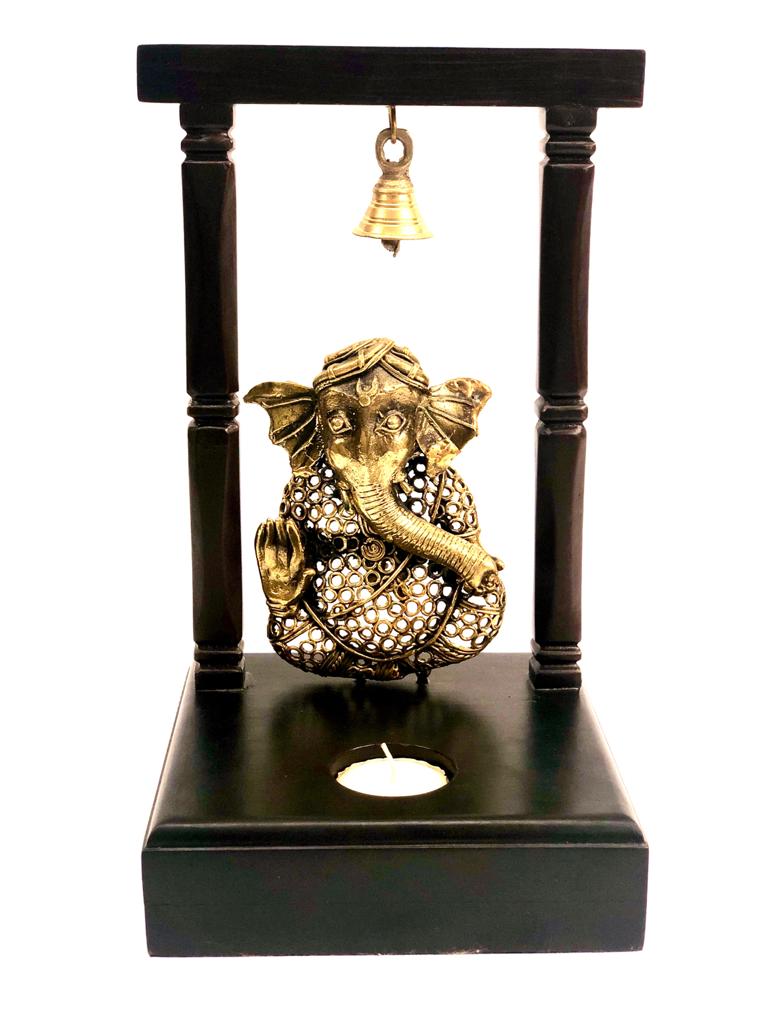 Ganesha Brass Idol Handmade Bell & Tealight Holder On Platform By Tamrapatra