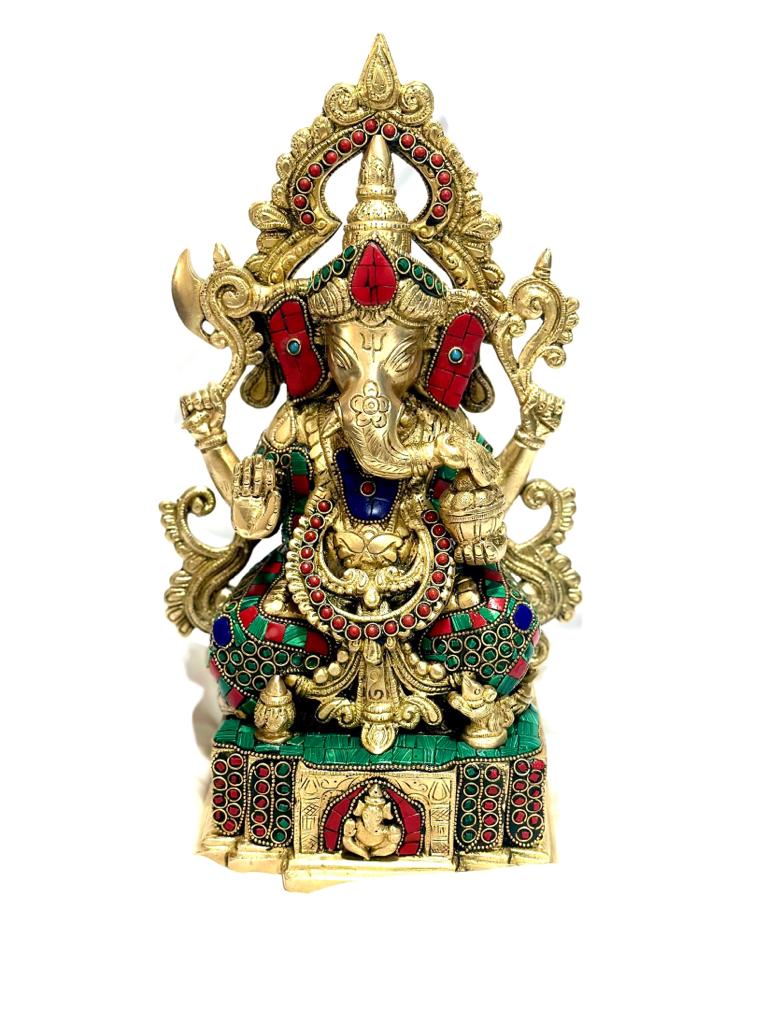 Exclusive Brass Collection Lord Ganesha Sitting With Multi Gemstone By Tamrapatra
