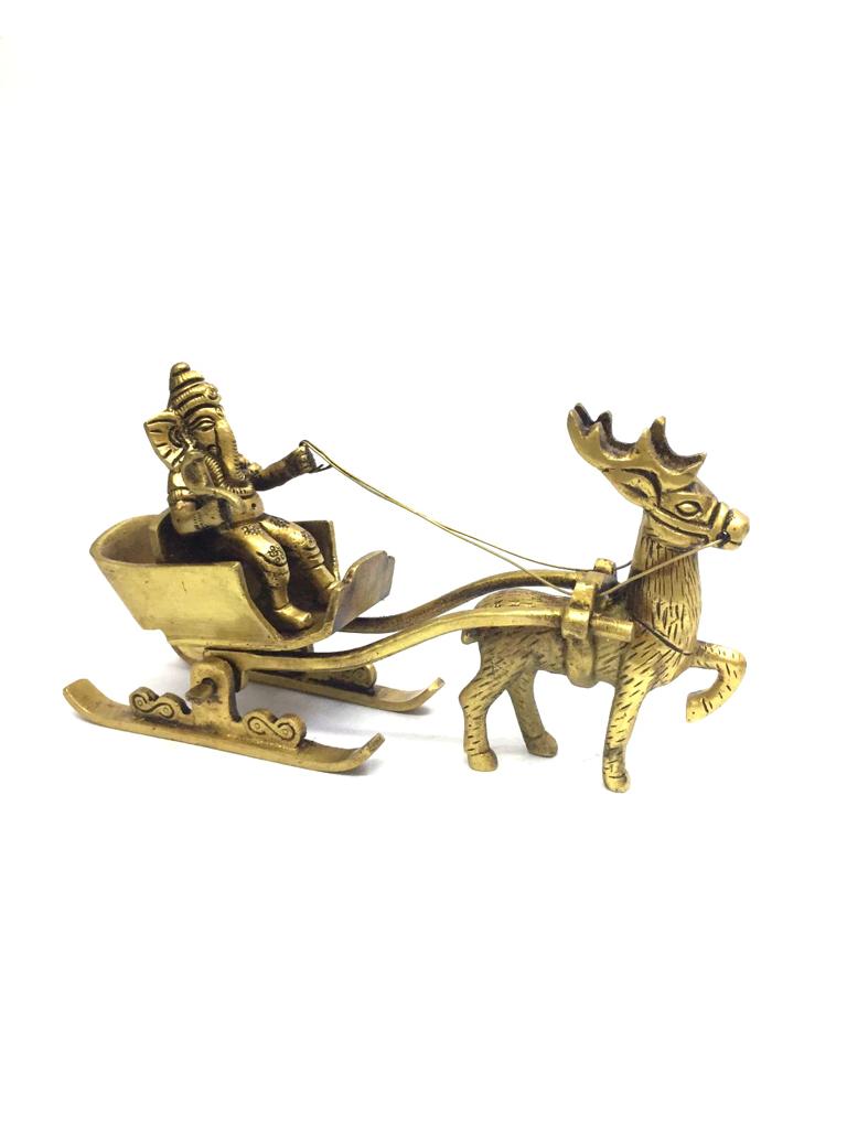 Brass Ganesha Riding On Sleigh With Reindeer Stunning Design Tamrapatra