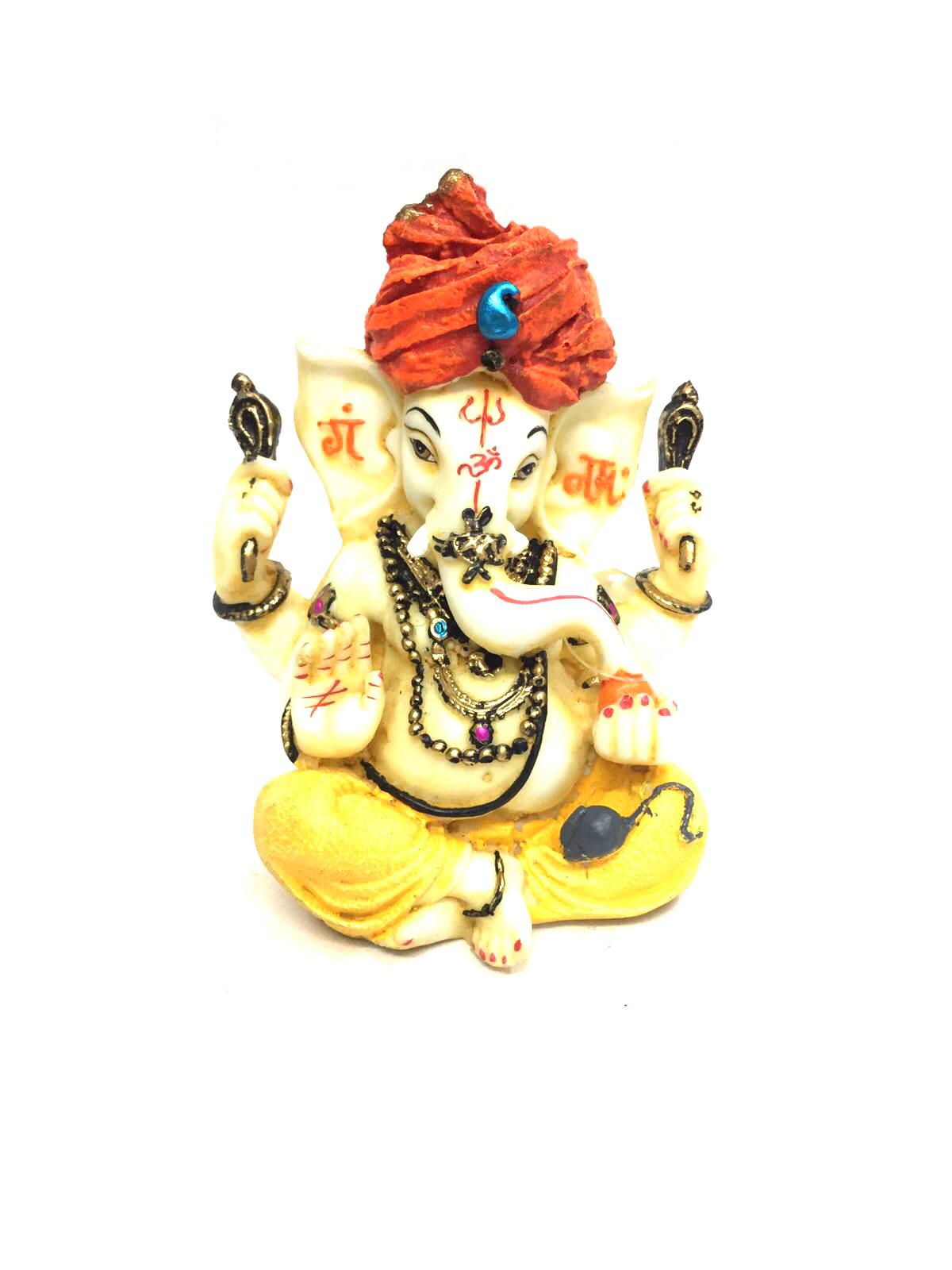 Matte Finish Ivory Sitting Ganesha Idol Wearing Turban Collectible Tamrapatra