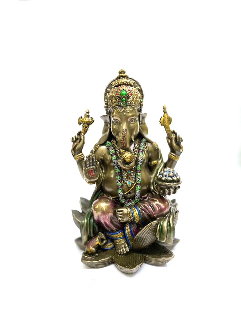 Ganesha Idol Sitting On Lotus Perfect Detailing Cold Cast Bronze By Tamrapatra