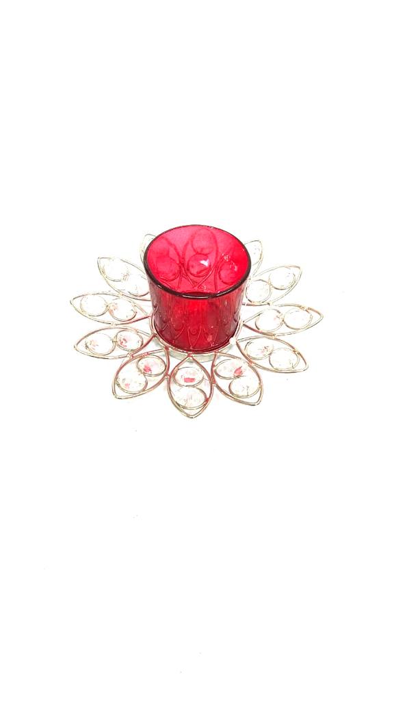 Glass With Crystal Lotus Tea Light Holder Festival Décor Artefact By Tamrapatra