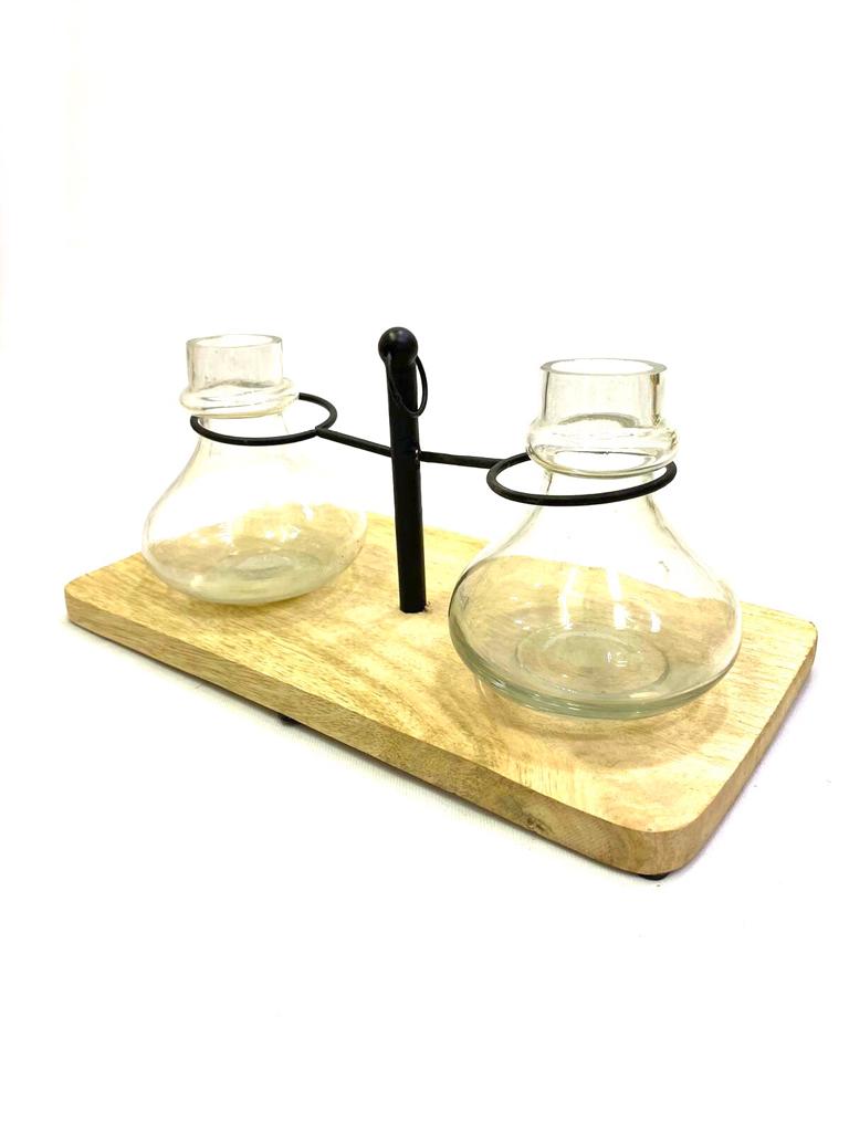 2 Glass Planters On Wooden Stand & Metal Support Indoor Décor Tamrapatra