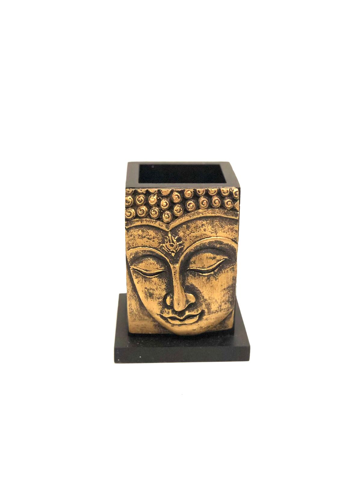 Buddha Sculpture Face On Wooden Pen Stand Modern New By Tamrapatra