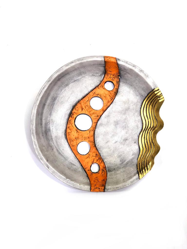 Cutwork Gray Plates With Tangerine & Golden Dash Abstract Set Of 5 Tamrapatra