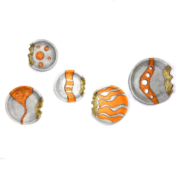 Cutwork Gray Plates With Tangerine & Golden Dash Abstract Set Of 5 Tamrapatra - Tamrapatra
