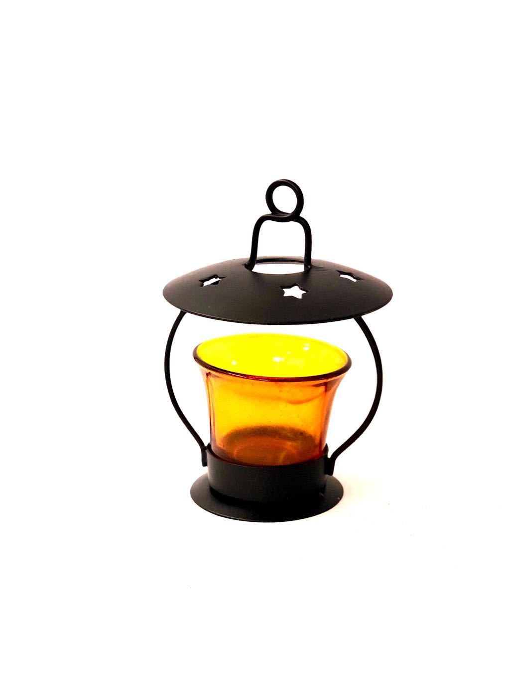 Hanging Tea Light Multi Color Glass Holder Metallic Black Tamrapatra