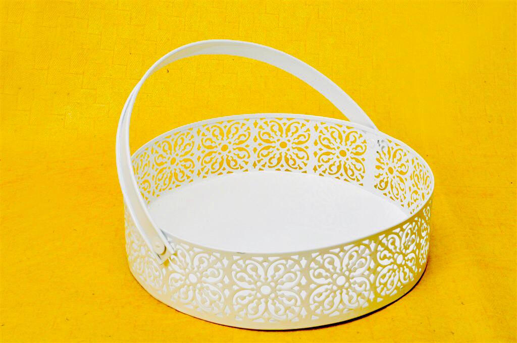 Metal Round Tray With Handle In White Shade With Set Of 3 By Tamrapatra