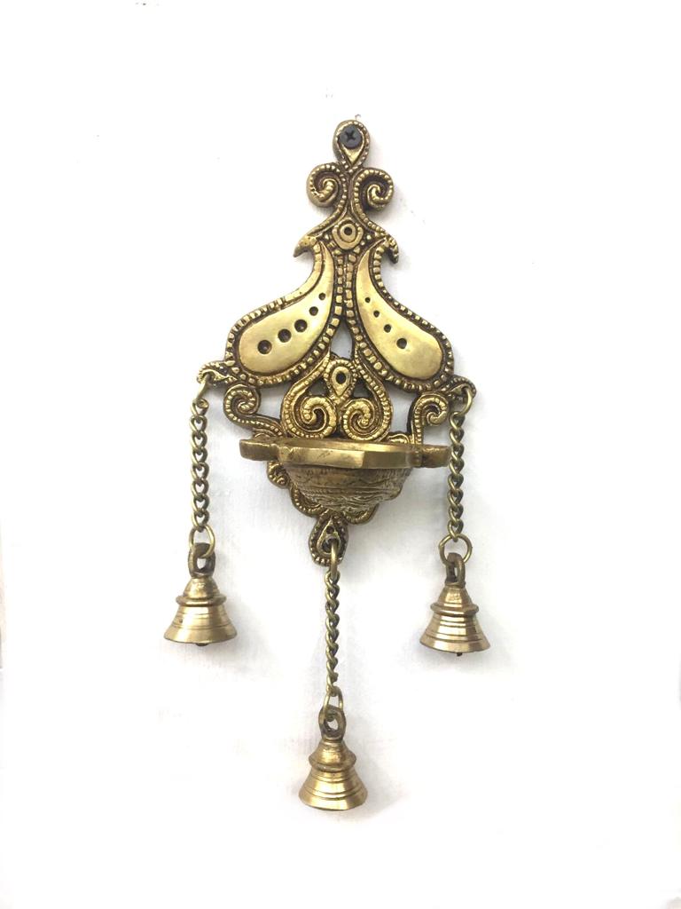 Brass Hanging Designer Diya With 3 Bells Prayer Room Additions By Tamrapatra