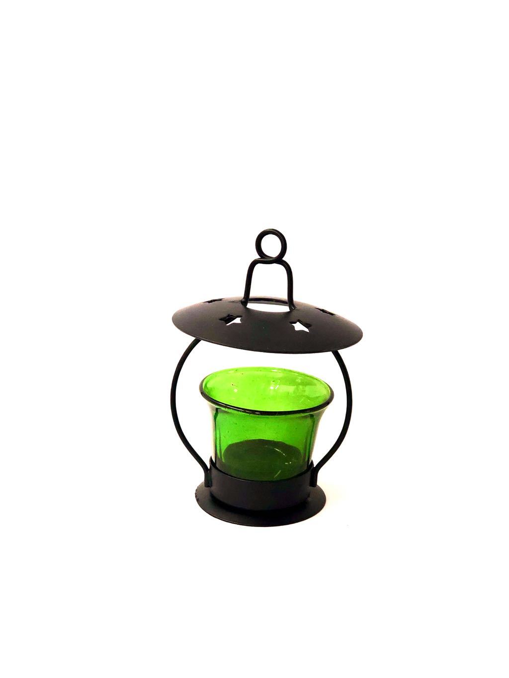 Hanging Tea Light Multi Color Glass Holder Metallic Black Tamrapatra