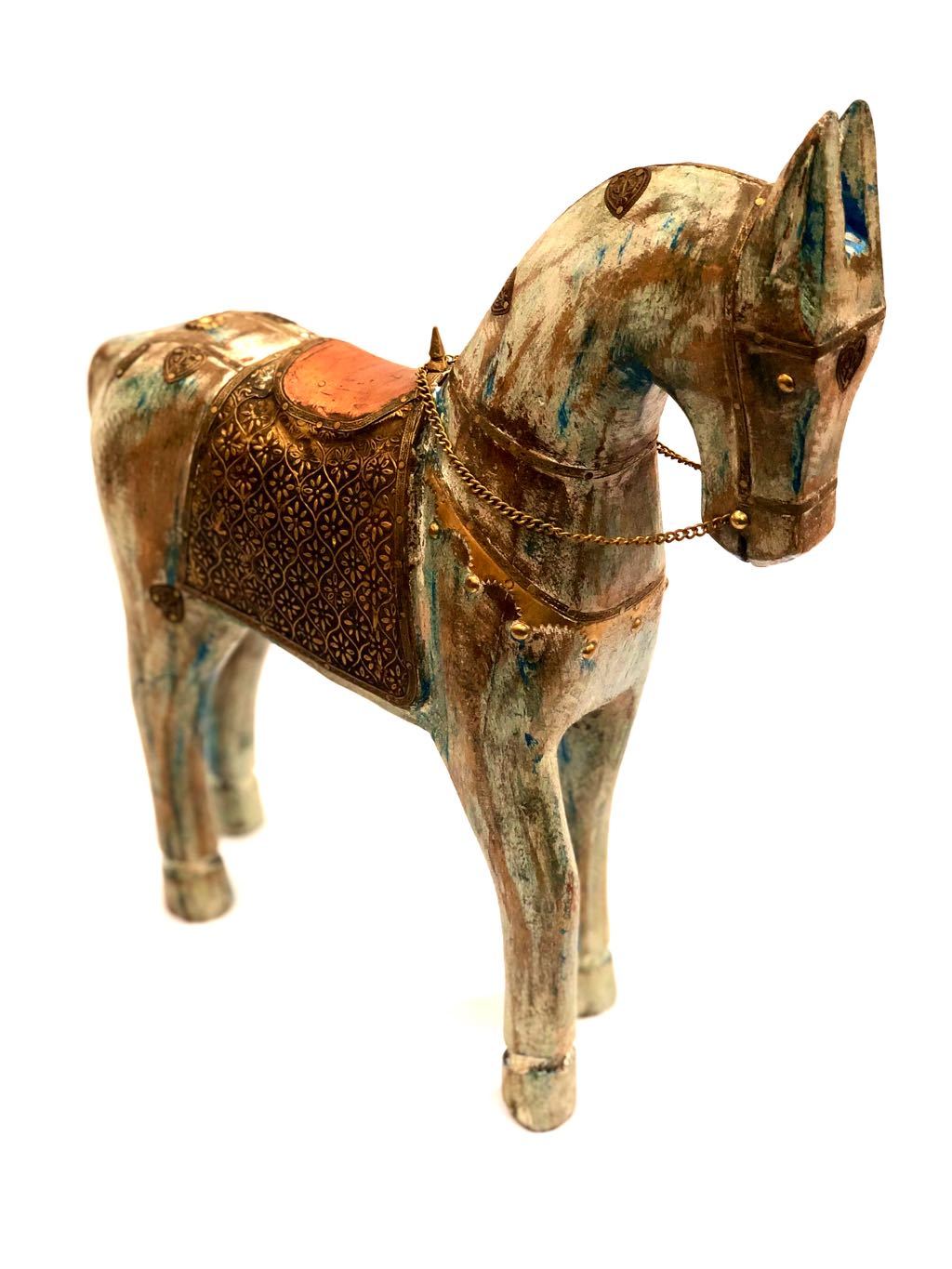 Lifelike Wooden Animal Horse With Brass Foil Fittings Craft By Tamrapatra - Tanariri Hastakala