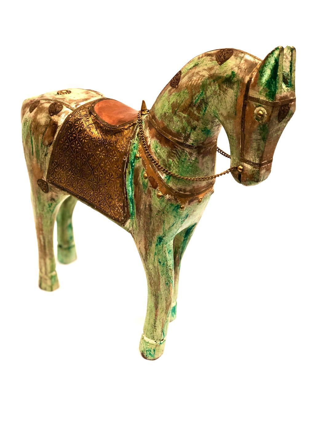 Lifelike Wooden Animal Horse With Brass Foil Fittings Craft By Tamrapatra - Tanariri Hastakala