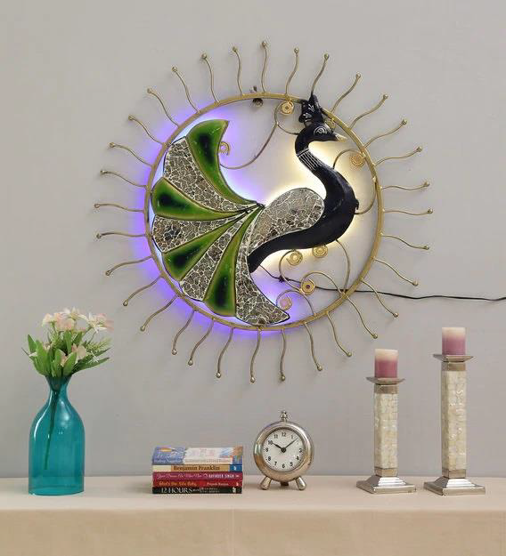 Peacock Inside Sun Metal Wall Decor LED Designer Addition To Space Tamrapatra