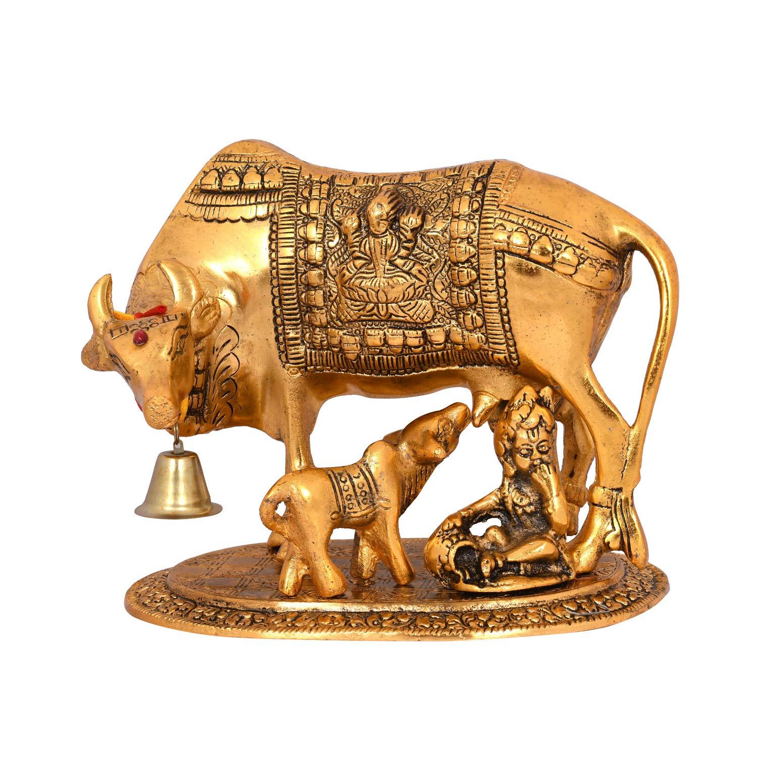 Metal Kamdhenu Cow & Child With Krishna Auspicious Gifting's By Tamrapatra