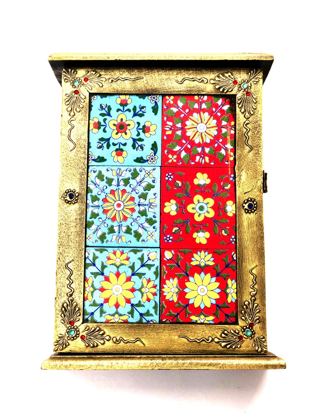 Blue Pottery Tiles Fitted On Wooden Box Door Style Key Hanger Tamrapatra