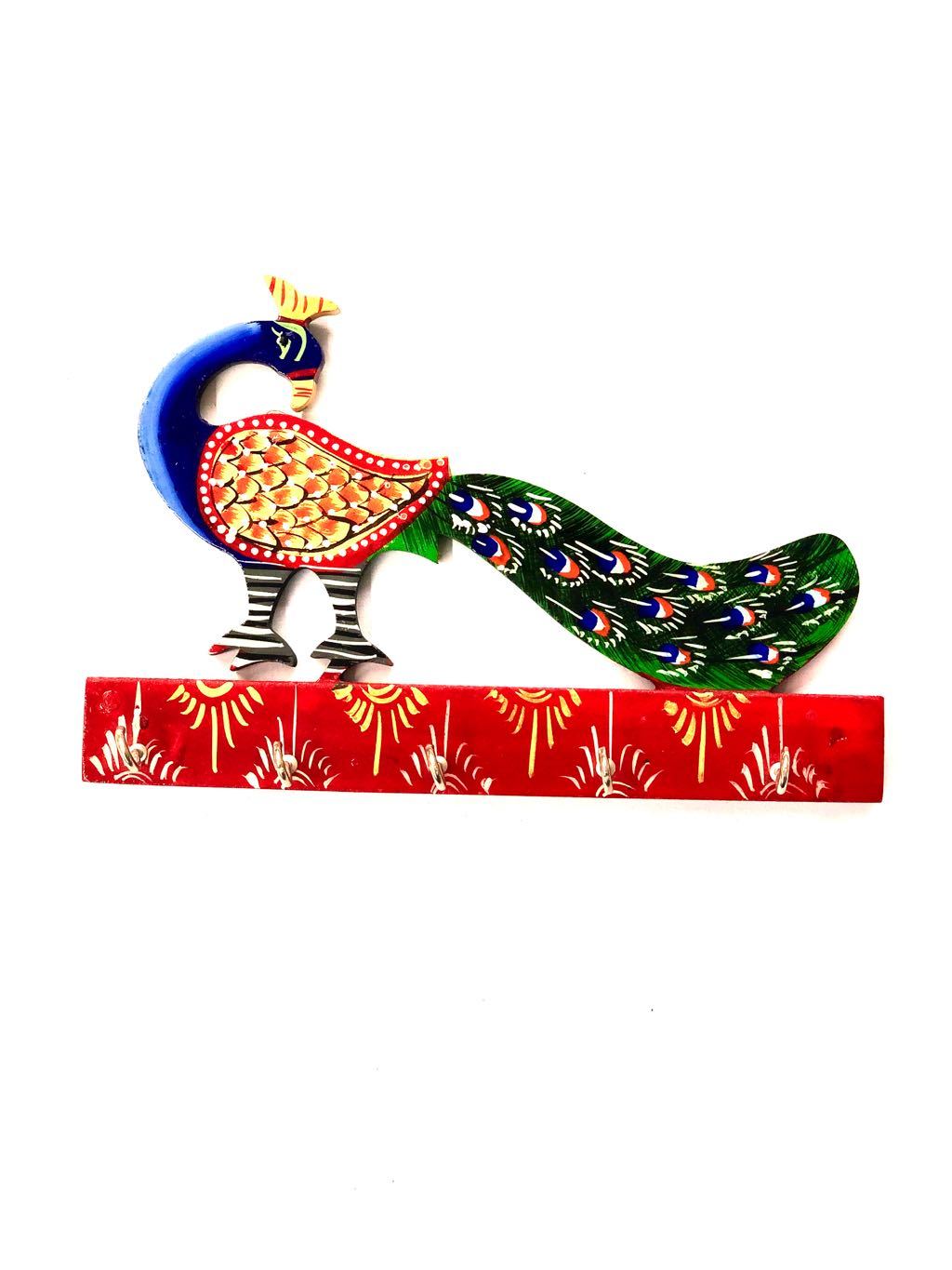 Peacock Hand-painted Colourful Key Holder Wall Decor Utility Tamrapatra
