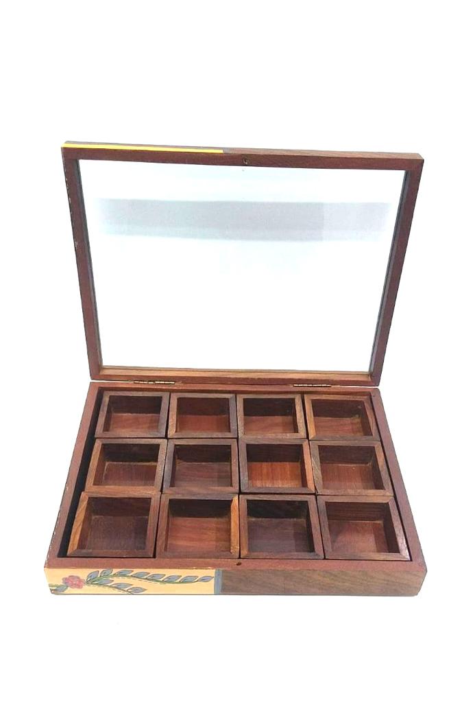 Handcrafted Spice Box Wooden With Spoon 12 Compartments From Tamrapatra