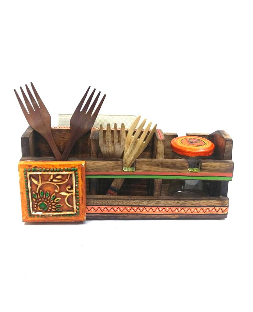 Multipurpose Cutlery Remote Stand Wooden Crafts Dinning Accessories By Tamrapatra