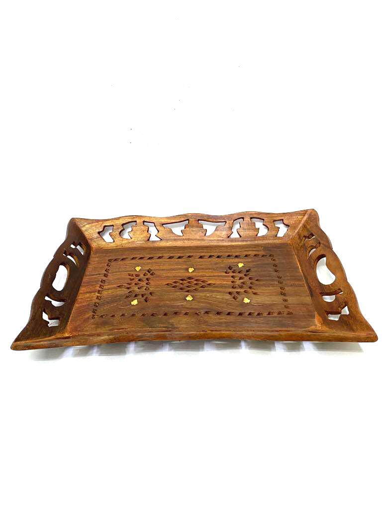Flower Carved Wooden Trays Excellent Craftsmanship Gifts Tamrapatra - Tamrapatra