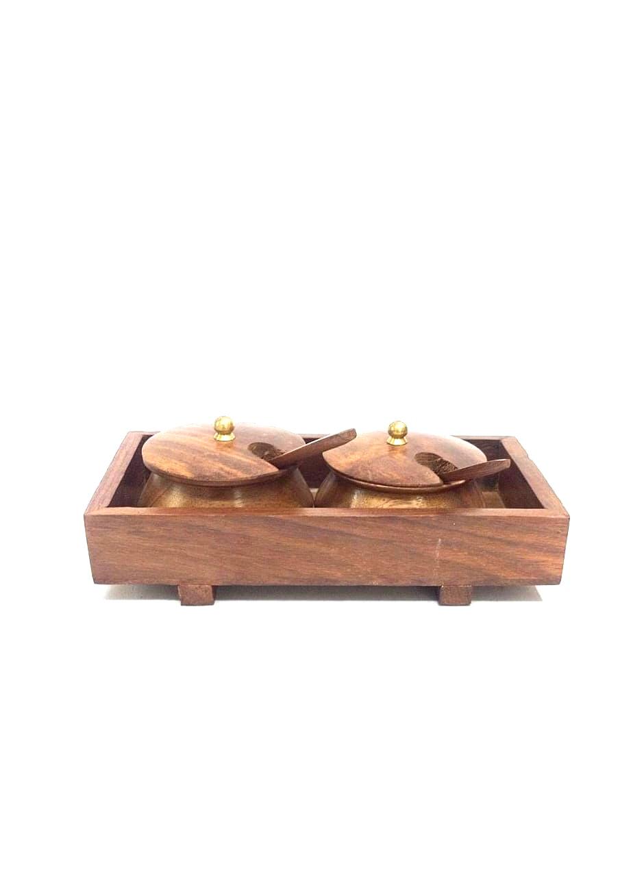 Elegant Two Jars Inside Tray With Serving Spoons Wooden Creations By Tamrapatra