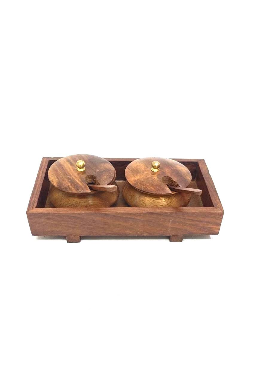 Elegant Two Jars Inside Tray With Serving Spoons Wooden Creations By Tamrapatra