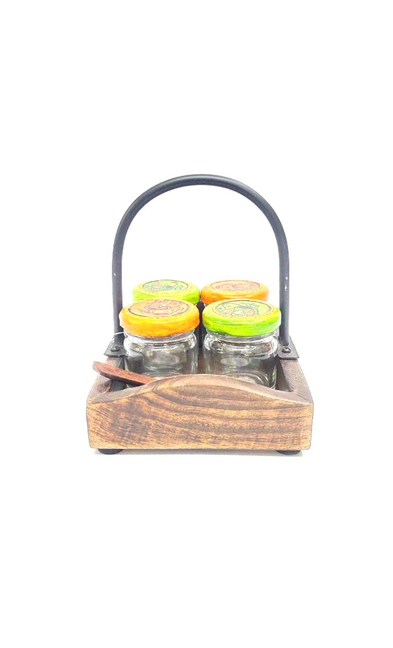 Hand Painted Attractive Jars With Classic Pattern Wooden Tray & Spoons By Tamrapatra