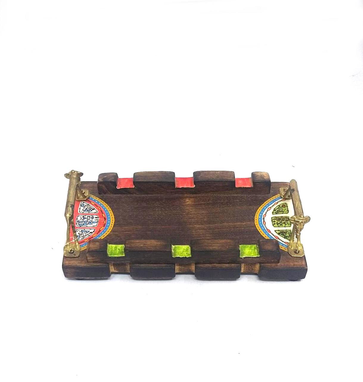 Exclusive Artistic Wooden Tray With Brass Animal Handles Hand Crafted Tamrapatra
