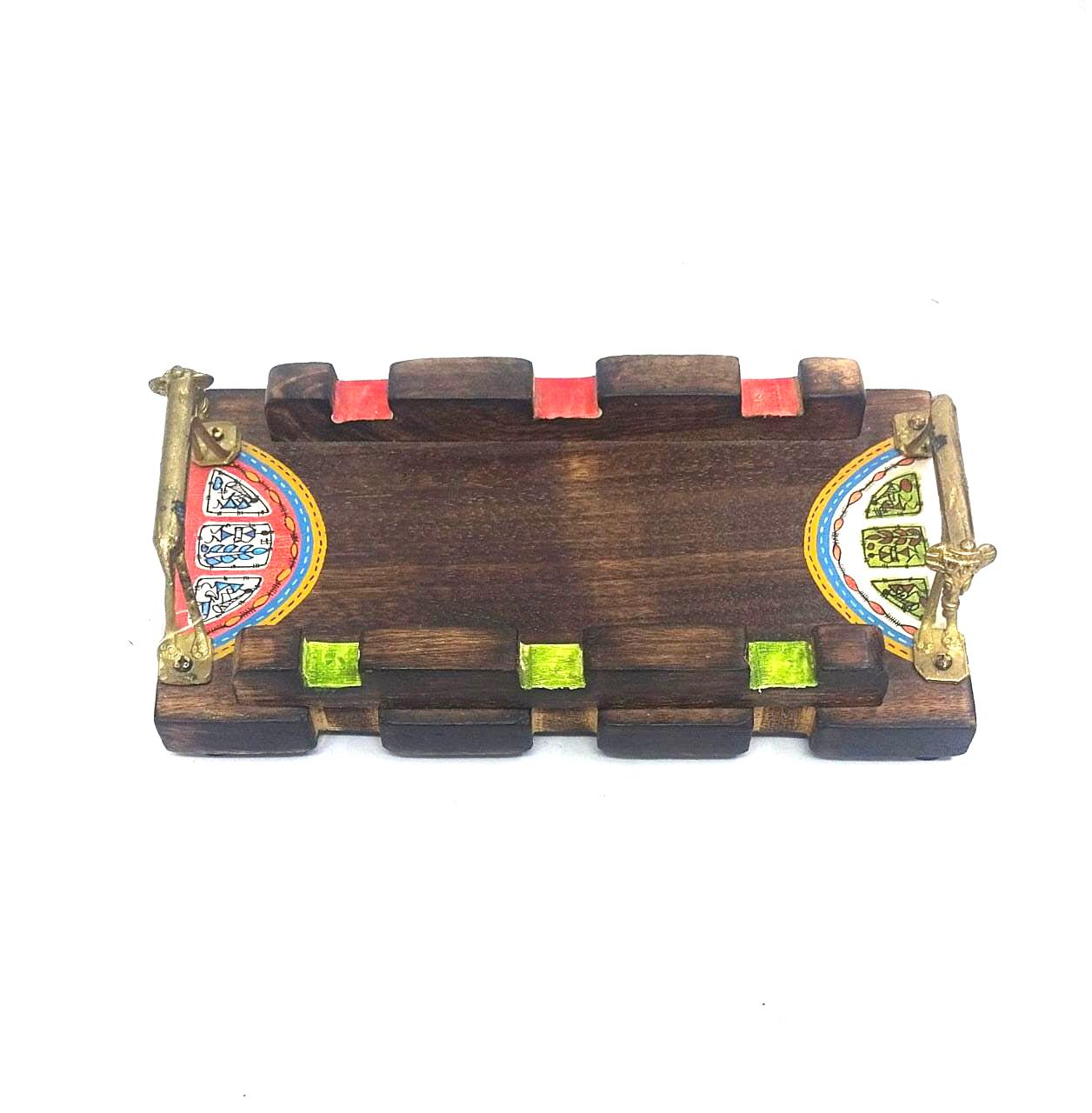 Exclusive Artistic Wooden Tray With Brass Animal Handles Hand Crafted Tamrapatra