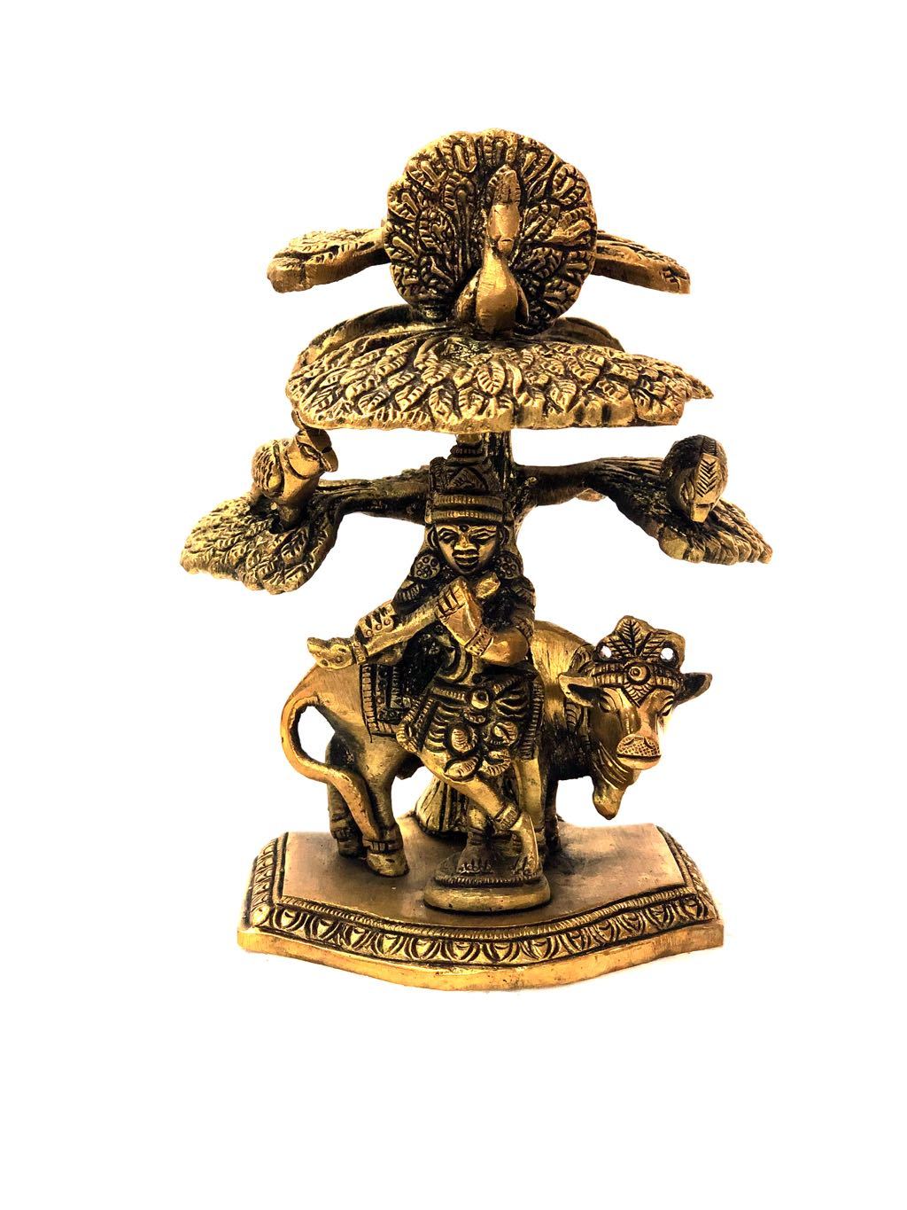 Lord Krishna Playing Flute 'With Cow Under Tree' Brass Idol Tamrapatra - Tamrapatra