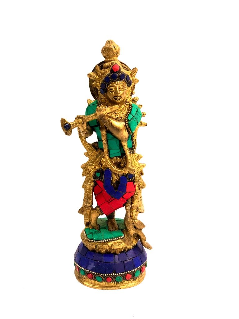 Lord Krishna Playing Flute Brass Attached Colorful Gemstones By Tamrapatra