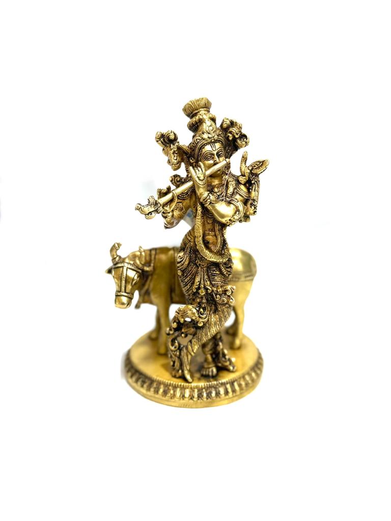 Lord Krishna Playing Flute With Cow Idol Antique Brass Finish From Tamrapatra