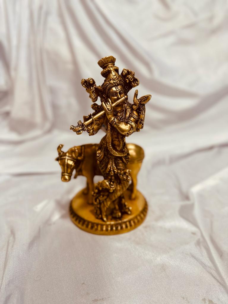 Lord Krishna Playing Flute With Cow Idol Antique Brass Finish From Tamrapatra