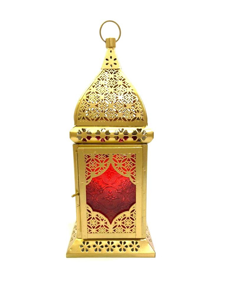 Lantern Gold Painted With Colorful Glass Hanging Candle Holder Tamrapatra