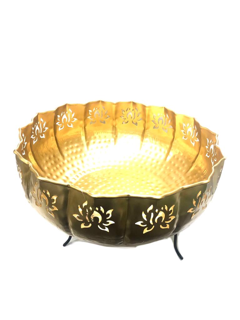 Golden Carving Lotus Metal Flower Pot Urli With Tea Light Holder By Tamrapatra